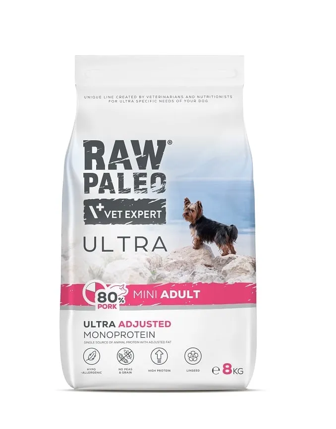 Hrana uscata pentru caini Raw Paleo Ultra Mini Adult cu porc 8 kg