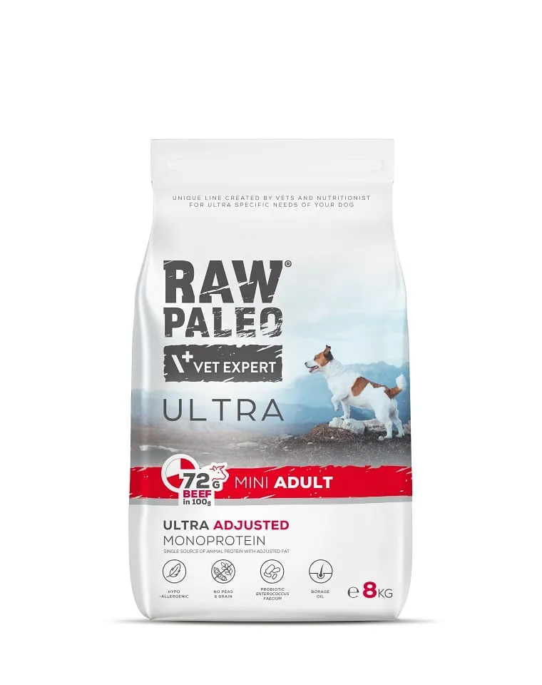 Hrana uscata pentru caini Raw Paleo Ultra Mini Adult cu vita 8 kg