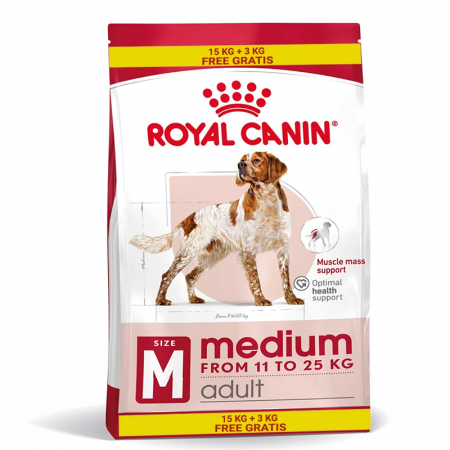 Hrana uscata pentru caini Royal Canin Medium Adult 15 + 3 kg GRATIS