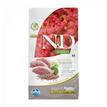 Pisica Sterilizata - Hrana uscata pentru pisici N&D Quinoa Neutred cu rata, broccoli & sparanghel 1,5 kg
