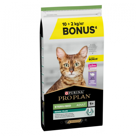 Pisica Sterilizata - Hrana uscata pentru pisici Pro Plan Sterilised Renal cu curcan 10 + 2 kg GRATIS