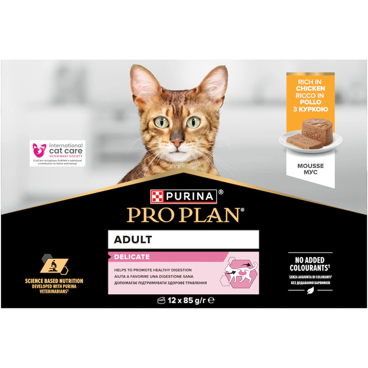 Pisica Adult - Pachet 12 buc x 85 gr Hrana umeda pentru pisici Pro Plan Adult Delicate Digestion Mousse cu pui