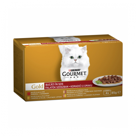 Pisica Adult - Pachet conserve Gourmet Gold cu curcan & rata , vita , pui & ficat , somon & pui 4 x 85 gr