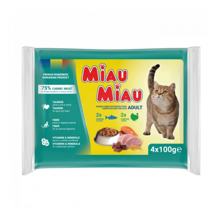 Pisica Adult - Pachet cu hrana umeda pentru pisici Miau Miau Mixt cu somon & curcan 4 buc x 100 gr