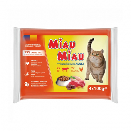 Pisica Adult - Pachet cu hrana umeda pentru pisici Miau Miau Mixt cu vita & pui si ficat 4 buc x 100 gr