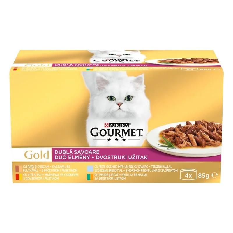 Hrana umeda pisici - Pachet Gourmet Gold cu rata & curcan , vita & pui , peste oceanic , iepure & ficat x 4 buc x 85 gr