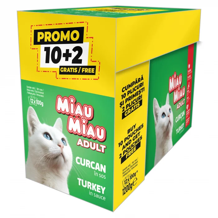 Pisica Adult - Pachet PROMO Hrana umeda pentru pisici Miau Miau cu curcan 12 buc x 100 gr