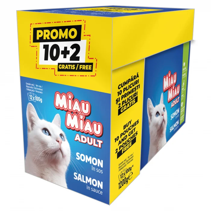Pisici - Pachet PROMO Hrana umeda pentru pisici Miau Miau cu somon 12 buc x 100 gr