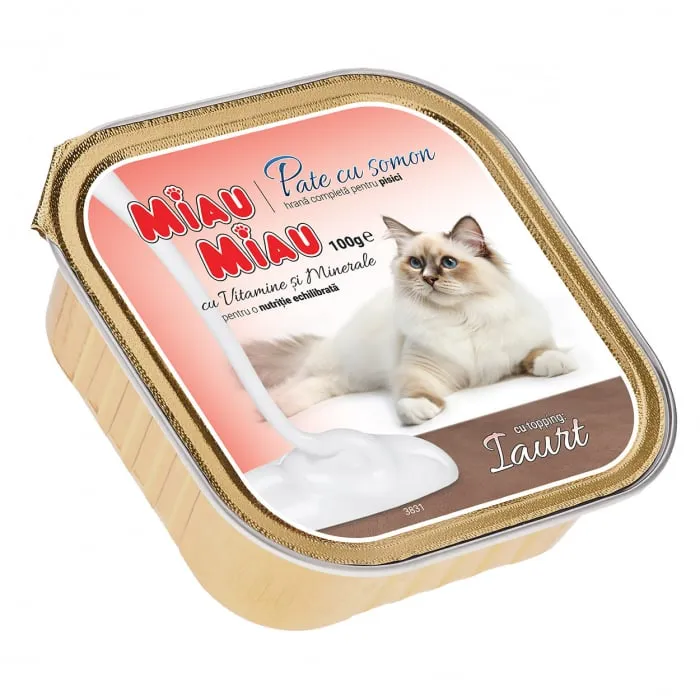 Pisica Adult - Pateu pentru pisici Miau Miau cu somon & topping de iaurt 100 gr