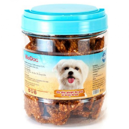 Recompense pentru caini Biodog os din piept de pui & orez brun 500 gr