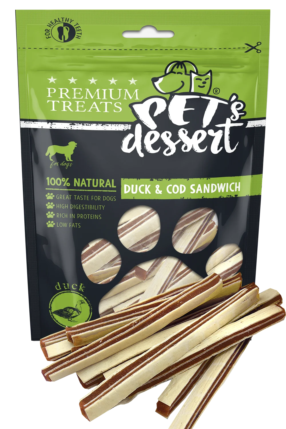 Caini - Recompense pentru caini Pet's Desert Duck & Cod Sandwich 80 gr