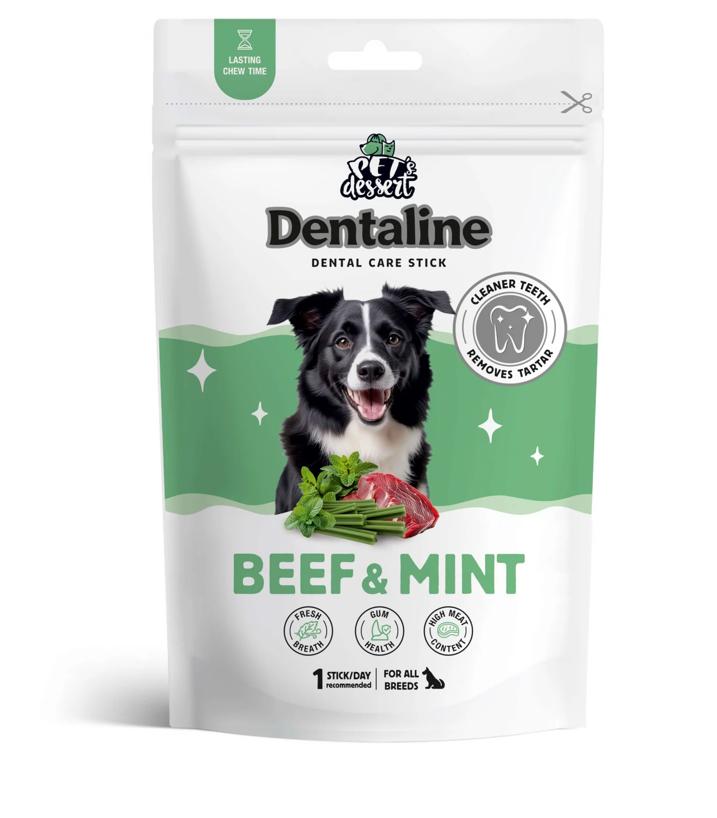 Caini - Recompense pentru caini Pet's Dessert Dentaline Sticks cu vita & menta 120 gr