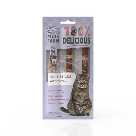 Recompense pisici - Recompense pentru pisici Fresh Farm Soft Sticks cu curcan 3 x 5 gr