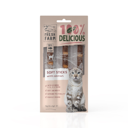 Recompense pisici - Recompense pentru pisici Fresh Farm Soft Sticks cu somon 3 x 5 gr