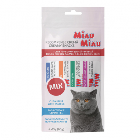 Recompense pisici - Recompense pentru pisici Miau Miau Creamy Snacks Mix cu pui ,rata ,somon & ton 4 buc x 15 gr