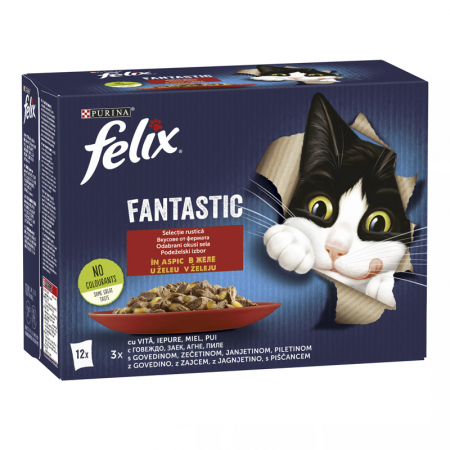 Pisica Adult - Set 12 buc x 85 gr Hrana umeda pentru pisici Felix Fantastic cu vita, iepure, miel & pui