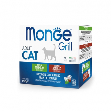 Pisici - Set 12 buc x 85 gr Hrana umeda pentru pisici Multipack Monge Grill Chunkies cu iepure & miel
