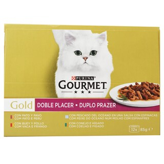 Noutati - Set 12 buc x Hrana umeda pentru pisici Gourmet Gold Doble Placer cu rata & curcan, vita & pui , peste oceanic , iepure & ficat 85 gr