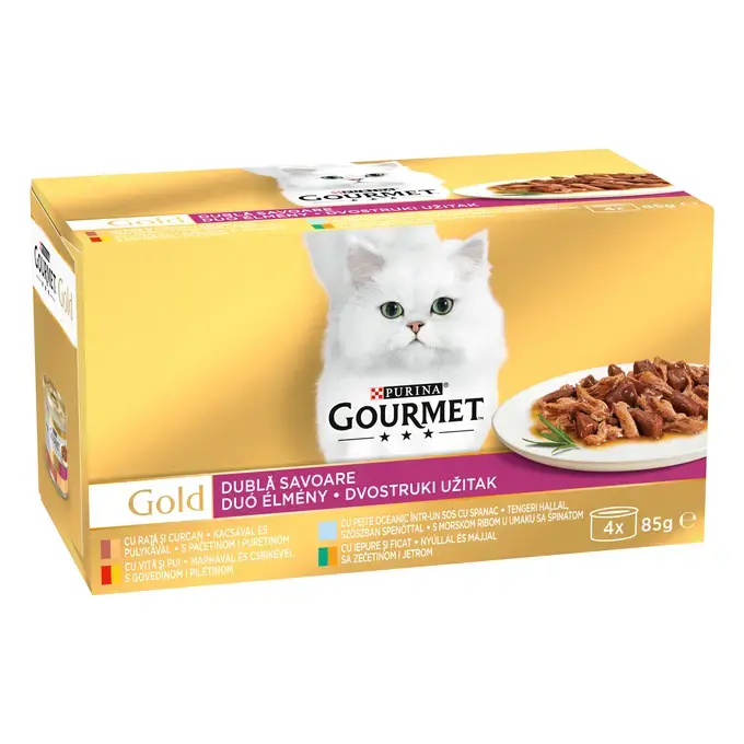Noutati - Set 12 buc x Hrana umeda pentru pisici Gourmet Gold Doble Placer cu rata & curcan, vita & pui, peste oceanic, iepure & ficat 85 gr