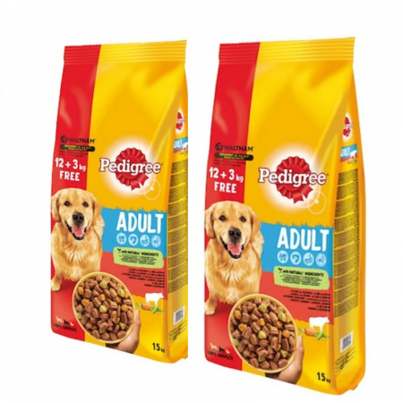 Oferta 2 saci - Oferta 2 saci x Hrana uscata pentru caini Pedigree Adult cu vita & legume 12+3 kg GRATIS