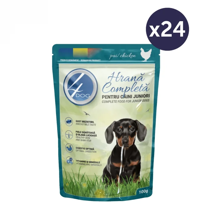 Caine Junior - Set 24 buc x 100 gr Hrana umeda pentru caini 4Dog Junior cu pui