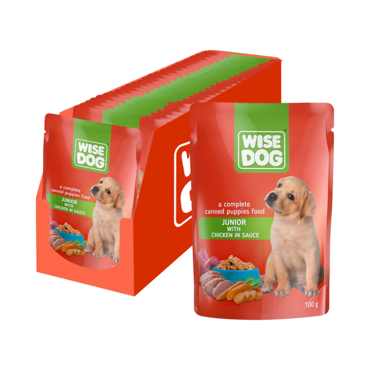 Hrana umeda caini - Set 24 buc x 100 gr Hrana umeda pentru caini Wise Junior cu pui