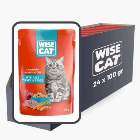Pisica Adult - Set 24 buc x 100 gr Hrana umeda pentru pisici Wise cu curcan