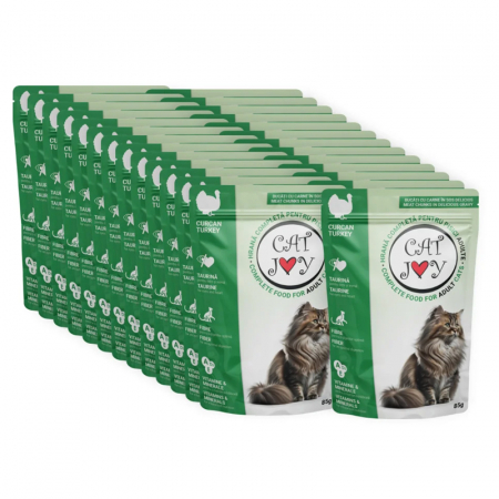 Hrana umeda pisici - Set 24 buc x 85 gr Hrana umeda pentru pisici adulte Cat Joy cu curcan in sos
