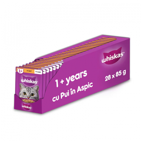 Pisica Adult - Set 28 buc x 85 gr Hrana umeda pentru pisici Whiskas cu pui in aspic