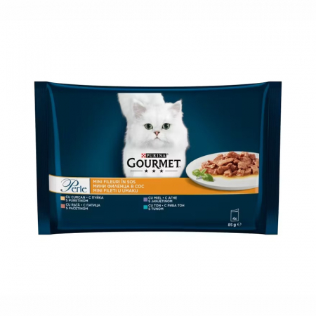 Hrana umeda pisici - Set 4 buc x 85 gr Hrana umeda pentru pisici Gourmet Perle cu miel, rata, ton & curcan