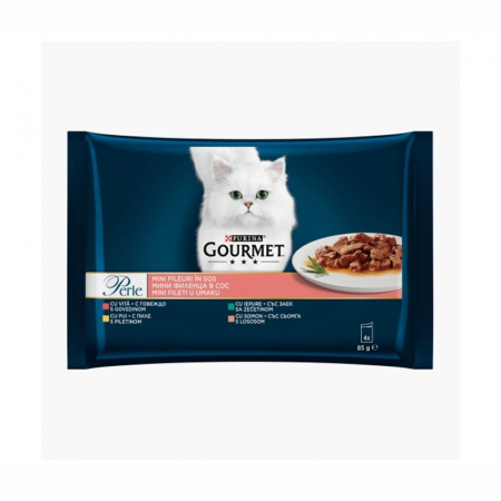 Set 4 buc x 85 gr Hrana umeda pentru pisici Gourmet Perle cu vita, pui, iepure & somon