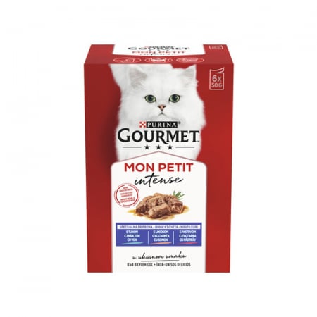 Set 6 buc x 50 gr Hrana umeda pentru pisici Gourmet Mon Petit cu ton, pastrav & somon