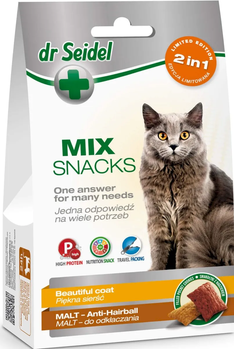 Pisici - Snack pentru pisici Dr Seidel Mix Blana Frumoasa & Hairball 60 gr