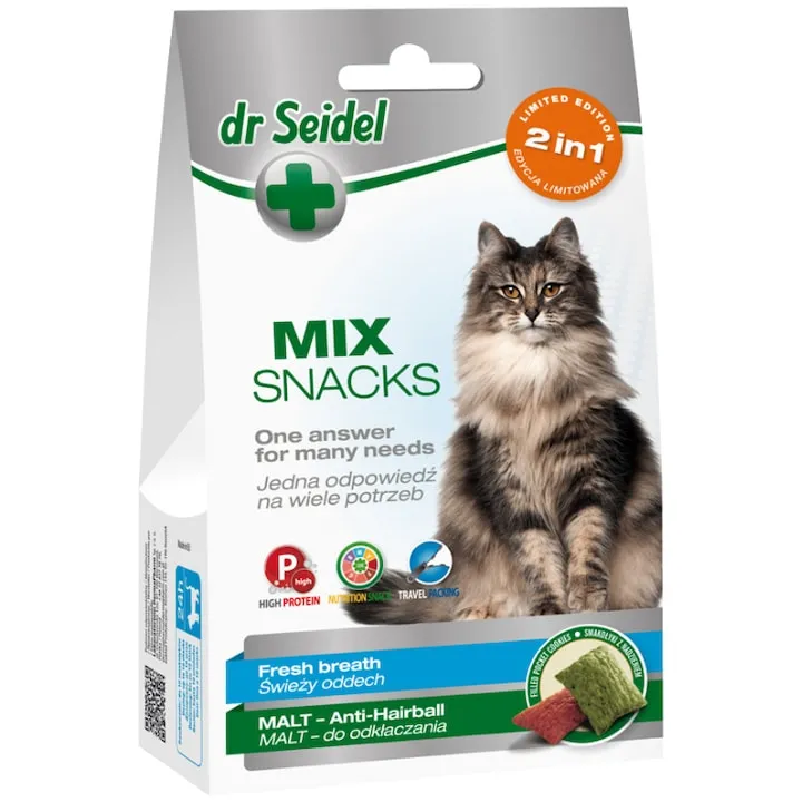 Pisici - Snack pentru pisici Dr Seidel Mix Respiratie Proaspata & Hairball 60 gr