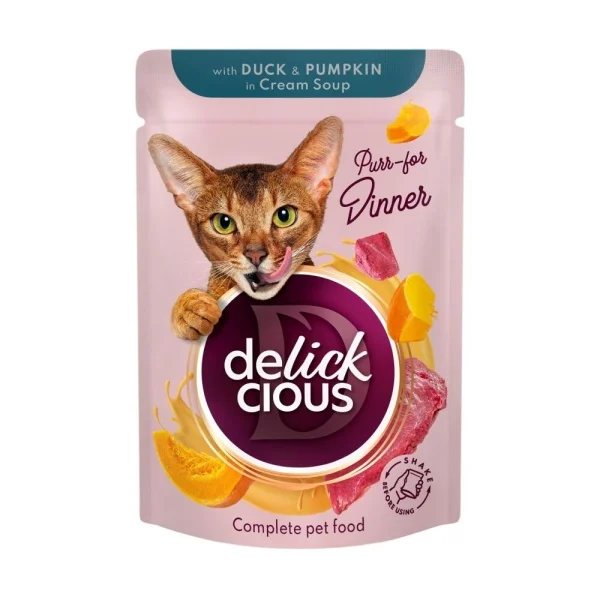 Pisica Adult - Supa cremoasa pentru pisici Delickcious Fâșii de rata & dovleac 85 gr