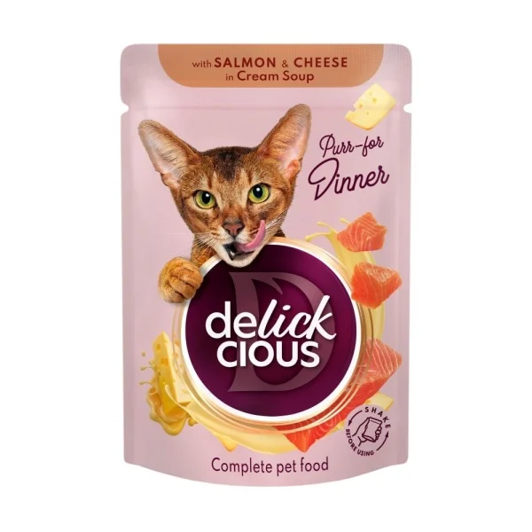 Pisica Adult - Supa cremoasa pentru pisici Delickcious Fâșii de somon & branza 85 gr