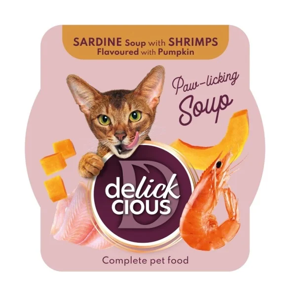 Pisica Adult - Supa pentru pisici Delickcious cu sardine, creveti & dovleac 80 gr