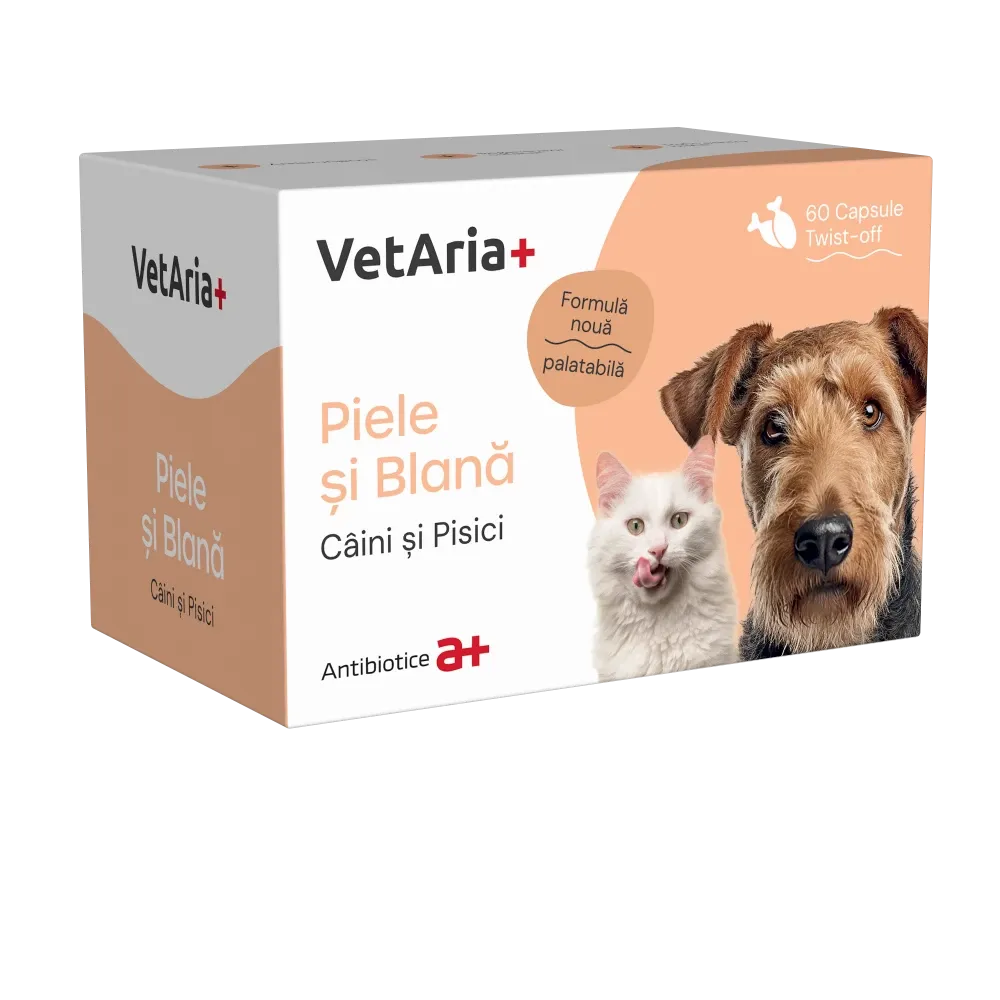 Pisici - Suplimente VetAria+ Piele & Blana pentru caini & pisici 60 caps