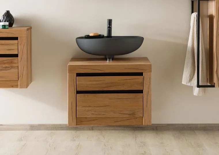 Colectia Eisa - Mobilier baie suspendat din stejar masiv cu 2 sertare