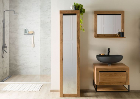 Colectia Eisa - Standing Shelf with Mirror in Wild Oak 44x37x190 cm, Natural Oil