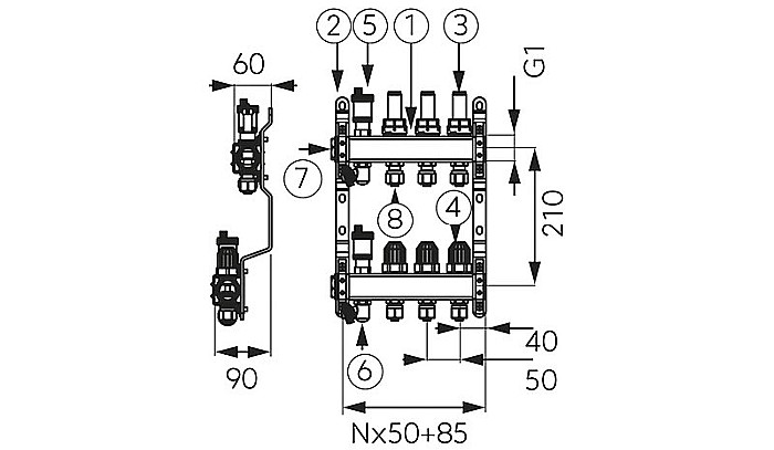 DISTRIBUITOR COLECTOR 8 CAI FERRO SN-RZP08S INOX 1" CU DEBITMETRE RACORD 16X2MM [2]