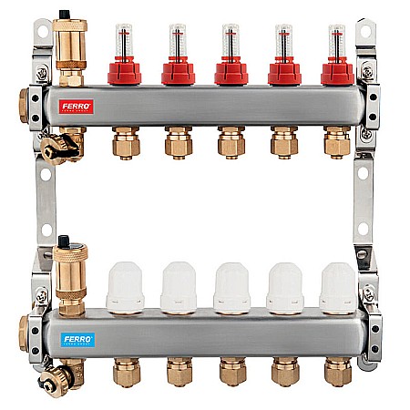 Incalzire in pardoseala - DISTRIBUITOR COLECTOR 4 CAI FERRO SN-RZP04S INOX 1" CU DEBITMETRE RACORD 16X2MM