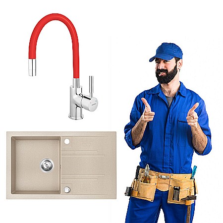 Obiecte Sanitare - Pachet CHIUVETA GRANIT FERRO DRGM48/78SA CU O CUVA SI PICURATOR 78X48CM NISIP MEZZO BEJ CU BATERIE BUCATARIE FERRO CADOU