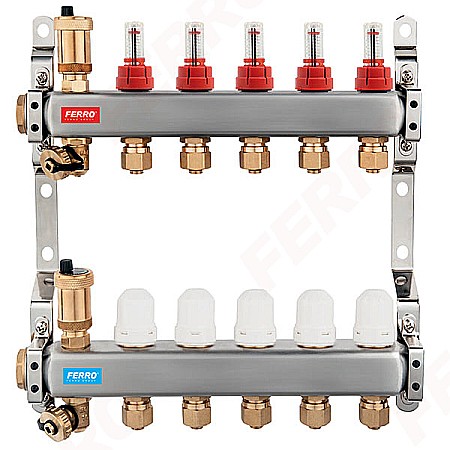 Distribuitoare incalzire pardoseala - DISTRIBUITOR COLECTOR 6 CAI FERRO SN-RZP06S INOX 1" CU DEBITMETRE RACORD 16X2MM