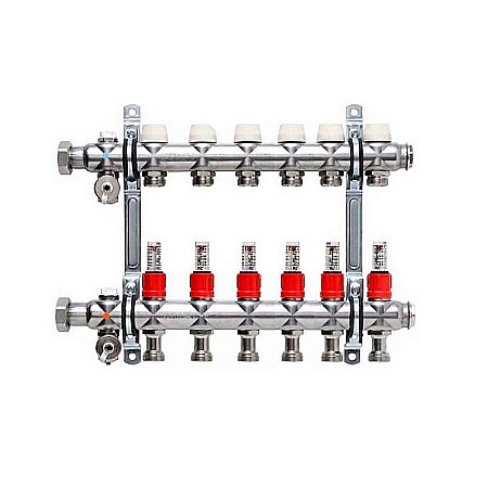 Incalzire in pardoseala - DISTRIBUITOR-COLECTOR 6 CIRCUITE 1 INOX KERMI CU DEBITMETRE 3/4 EUROCON