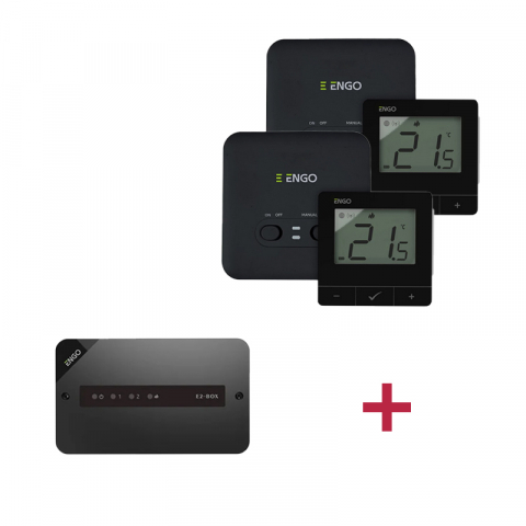 Automatizare Termostate Detectoare - PACHET TERMOSTAT DE AMBIENT CU CONTROL PRIN INTERNET PENTRU 2 ZONE CU 2 POMPE DE CIRCULATIE ENGO NEGRU E20i-B+ECB2-230