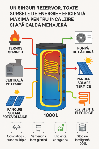 Boilere cu una sau mai multe serpentine - Puffer stocator igienic Lambollitori Gamma R2 1000 L cu izolație – stocare termică eficientă