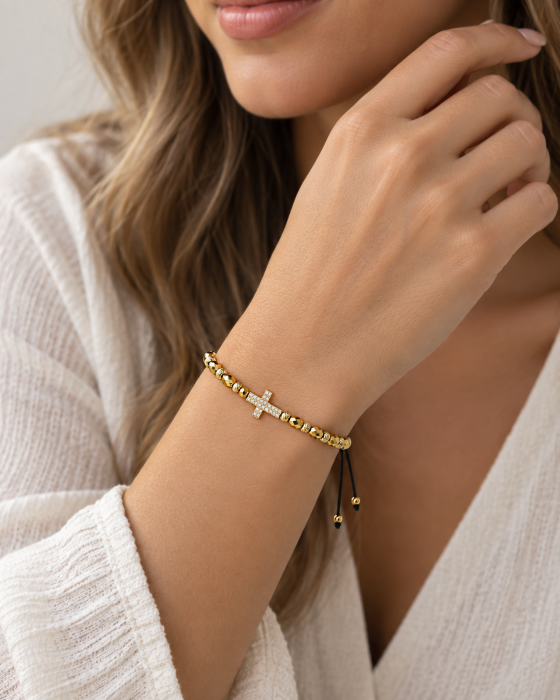Brățară Unisex Reglabilă Gold Cu Pandantiv Cruce Și Cristale Zirconia [2]