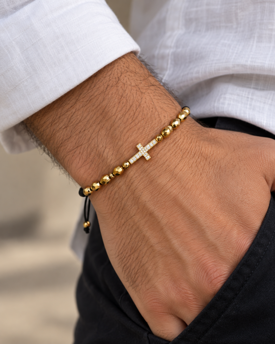 Brățară Unisex Reglabilă Gold Cu Pandantiv Cruce Și Cristale Zirconia [3]