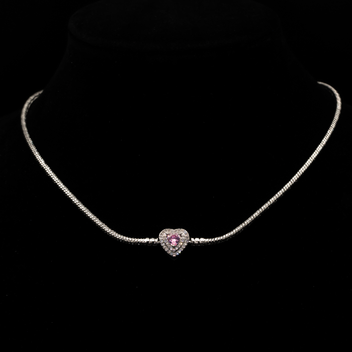 Colier Argintiu Stil Pandora Cu Pandantiv Inimă Pink Love [2]